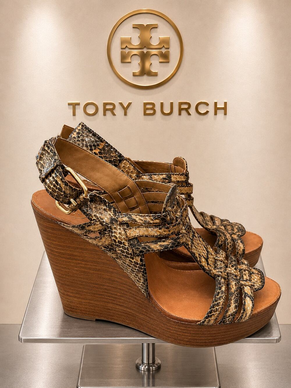Tory Burch Jeanine Snake Print Leather Wedge Sandals Brown Women’s 9M